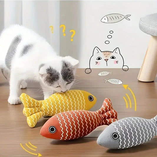 3pcs Fish-Shaped Throw Pillows for Cats - Plush Interactive Scratching Toys with Realistic Herringbone & Zigzag Patterns